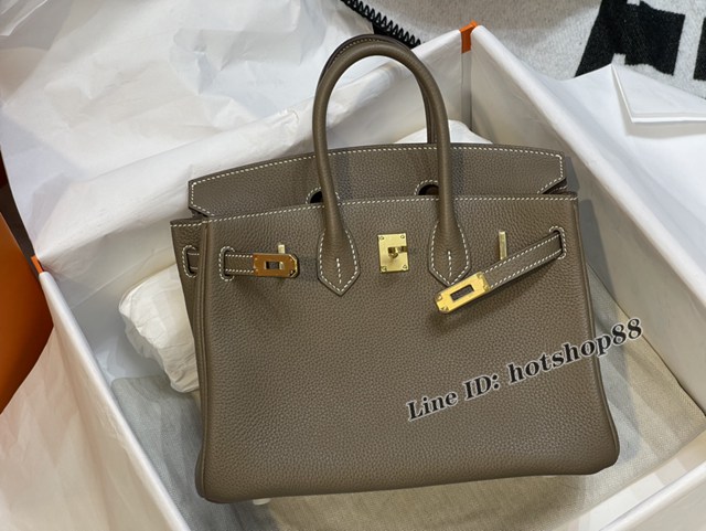 Hermes專櫃經典款鉑金手提女包 愛馬仕birkin25大象灰togo皮金扣手縫蠟線女包 zhh1183